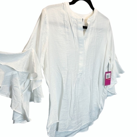 Vince Camuto Pintuck Detail Flutter Sleeve Rumple Satin Blouse White XS New - Picture 5 of 7